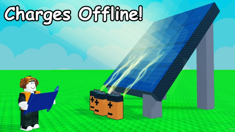 My Solar Farm charges batteries offline - showing character with device and solar panel charging battery